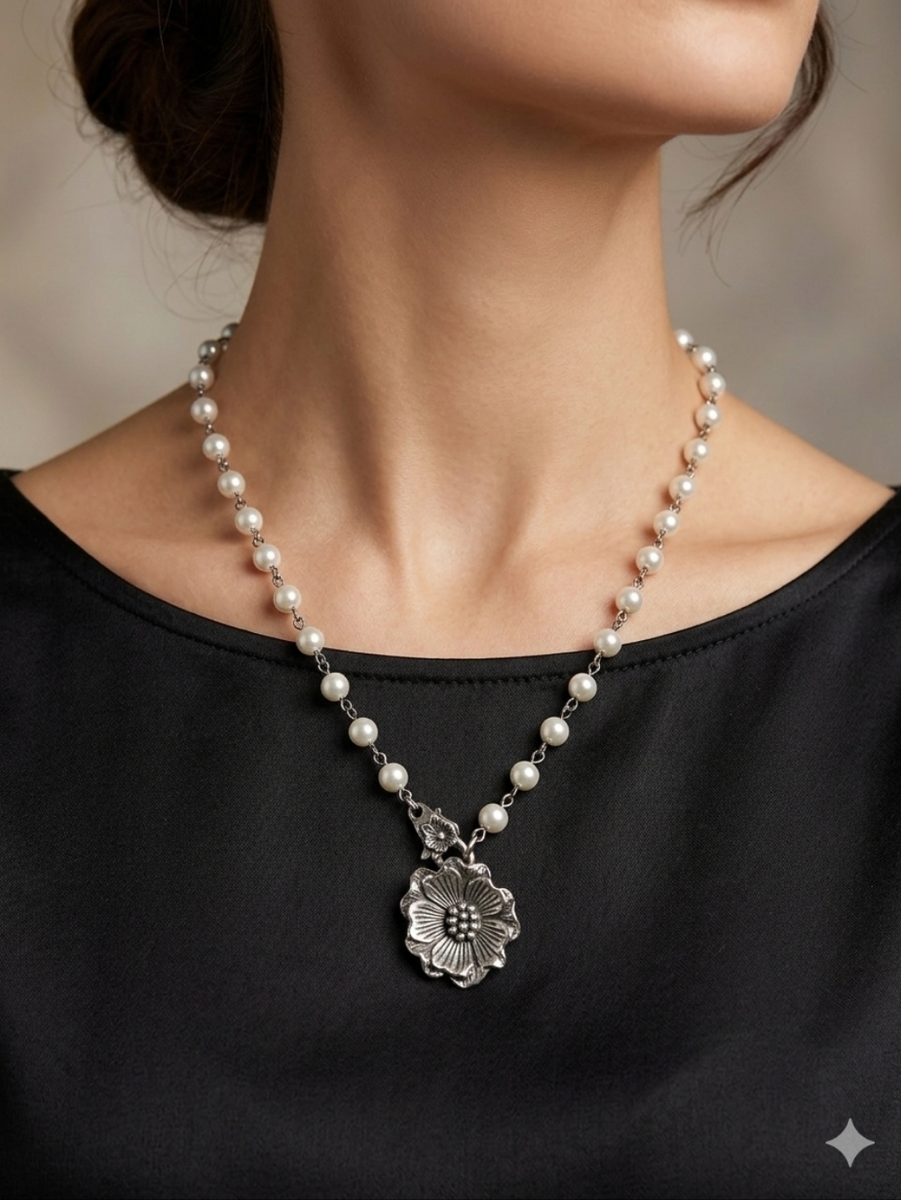 Gay Harrison‎ Handcrafted Couture Poppy Flower & Sign Stampted  Pearl Necklace